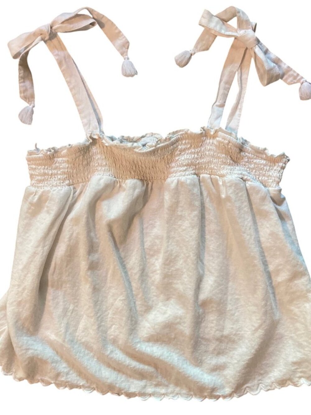 Women's OLD NAVY Scallop Edge Smocked Tie-Strap Linen Blend Tank Top WHITE Large